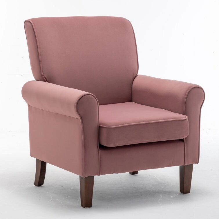 Velvet Upholstered Accent Armchair with Rolled Arms and Solid Wood Legs