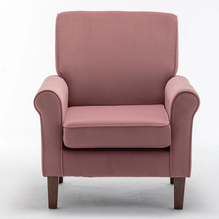 Velvet Upholstered Accent Armchair with Rolled Arms and Solid Wood Legs
