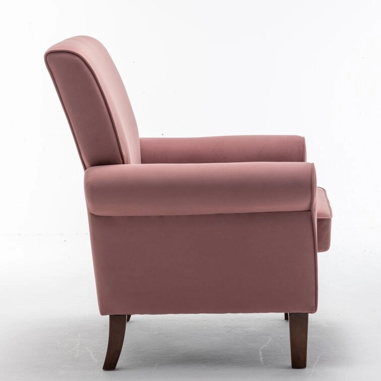 Velvet Upholstered Accent Armchair with Rolled Arms and Solid Wood Legs