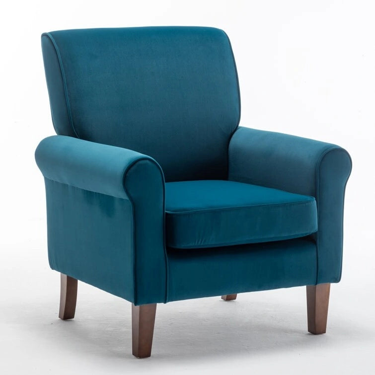Velvet Upholstered Accent Armchair with Rolled Arms and Solid Wood Legs