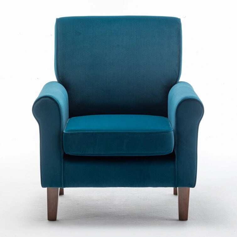 Velvet Upholstered Accent Armchair with Rolled Arms and Solid Wood Legs
