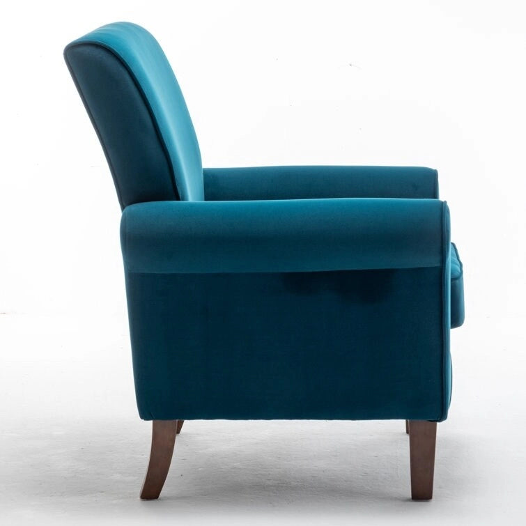Velvet Upholstered Accent Armchair with Rolled Arms and Solid Wood Legs