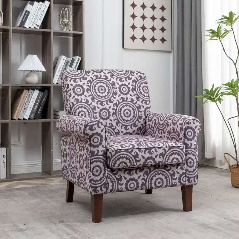 Velvet Upholstered Accent Armchair with Rolled Arms and Solid Wood Legs