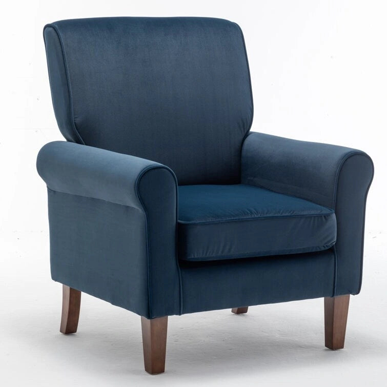 Velvet Upholstered Accent Armchair with Rolled Arms and Solid Wood Legs