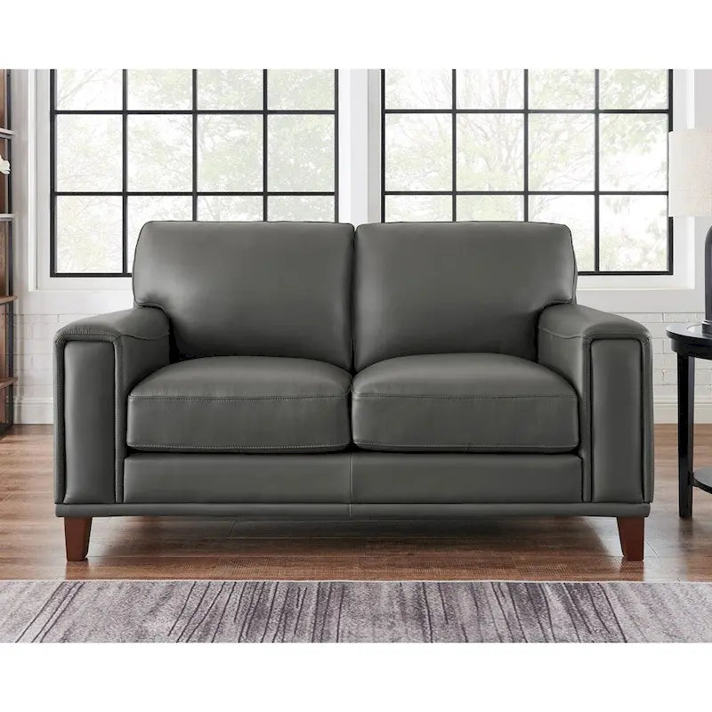 Top-Grain Leather Loveseat with Pocket Coil Cushions Steel Gray Ice White
