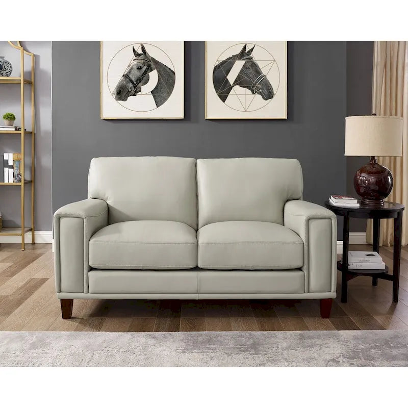 Top-Grain Leather Loveseat with Pocket Coil Cushions Steel Gray Ice White