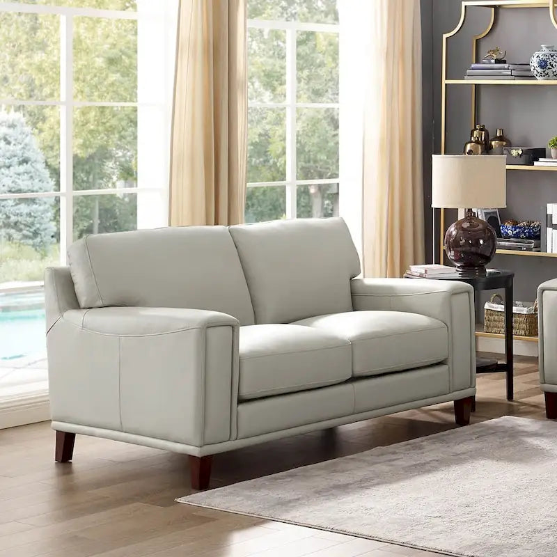 Top-Grain Leather Loveseat with Pocket Coil Cushions Steel Gray Ice White