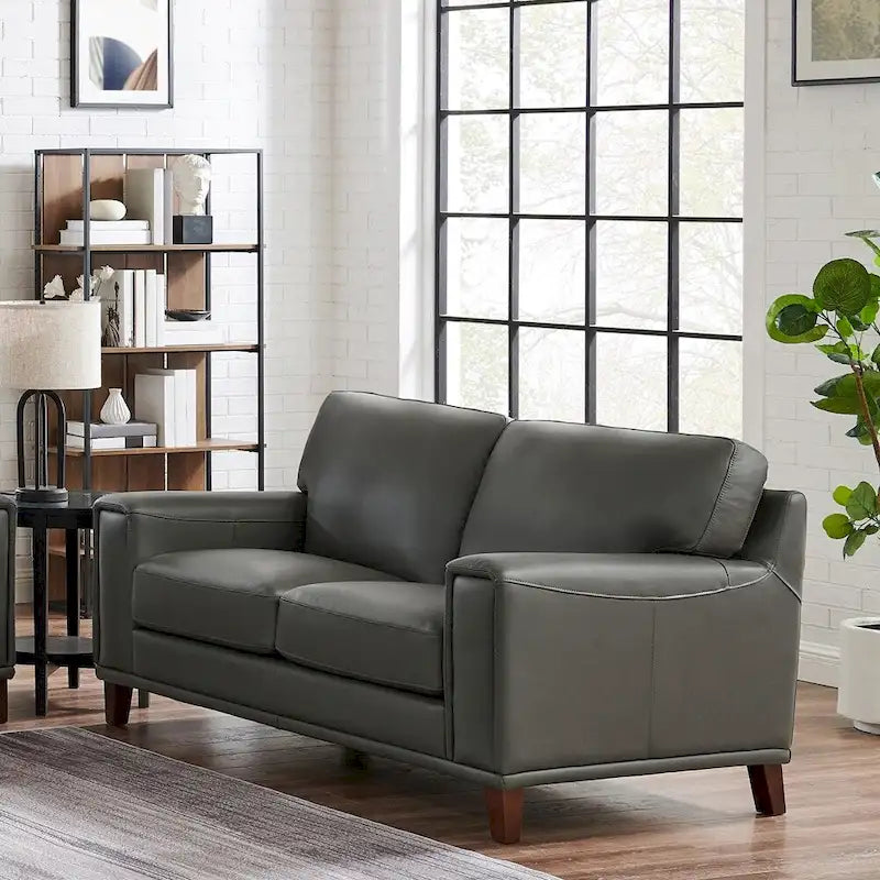 Top-Grain Leather Loveseat with Pocket Coil Cushions Steel Gray Ice White
