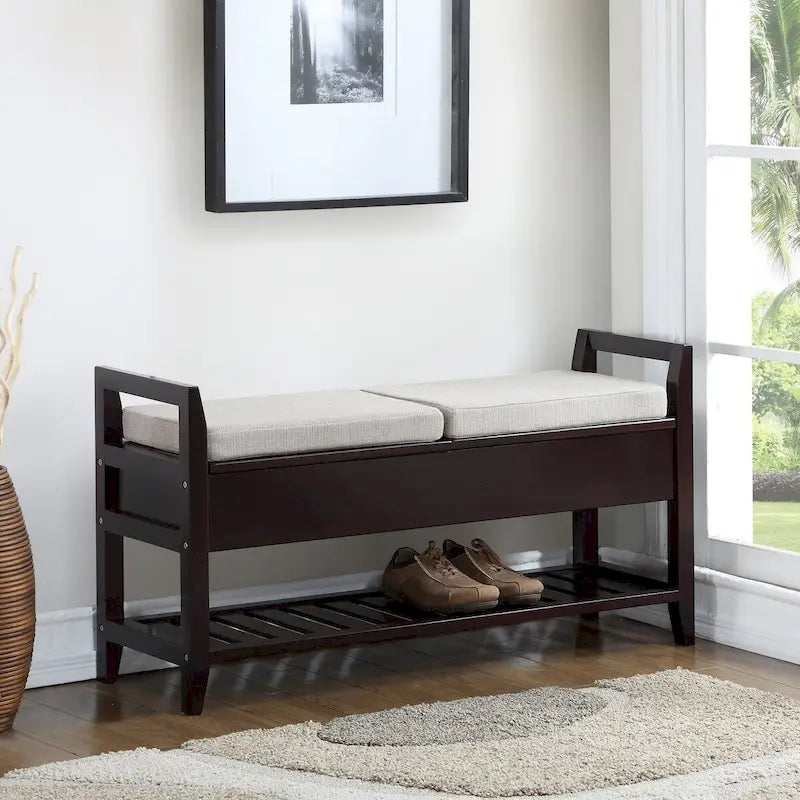 Dark Brown Wood Cushioned Storage Shoe Bench with Slatted Shelf