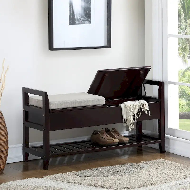 Dark Brown Wood Cushioned Storage Shoe Bench with Slatted Shelf