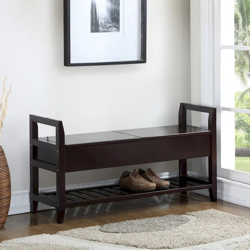 Dark Brown Wood Cushioned Storage Shoe Bench with Slatted Shelf