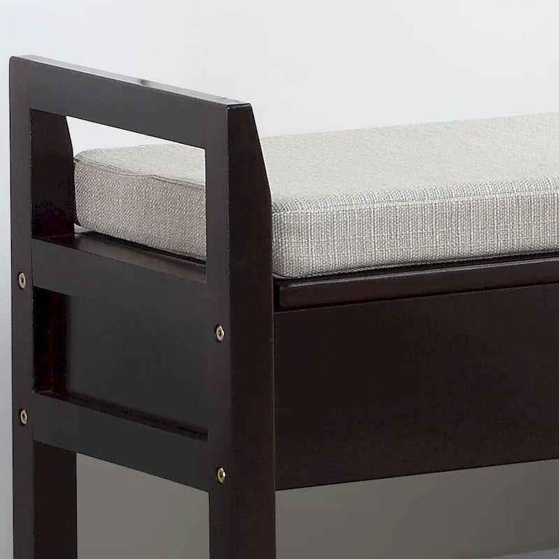 Dark Brown Wood Cushioned Storage Shoe Bench with Slatted Shelf