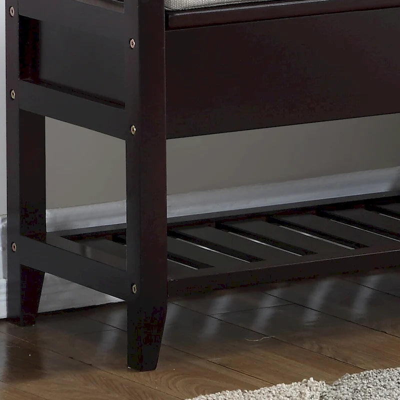 Dark Brown Wood Cushioned Storage Shoe Bench with Slatted Shelf