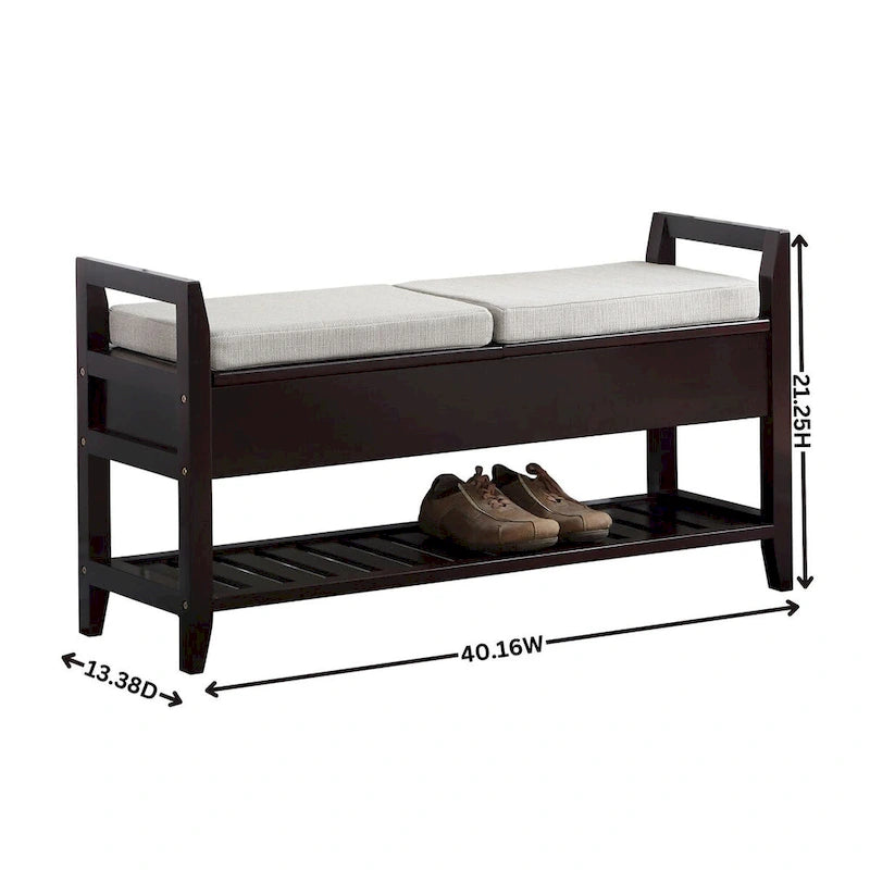 Dark Brown Wood Cushioned Storage Shoe Bench with Slatted Shelf