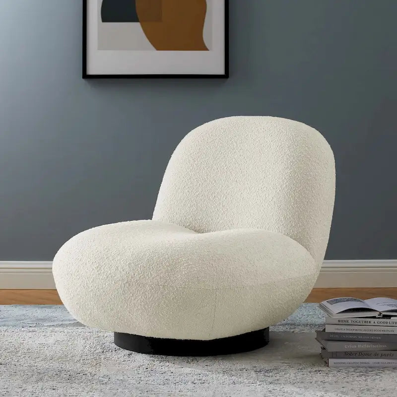 Ivory Boucle Upholstered Swivel Accent Chair with Matte Black Iron Base