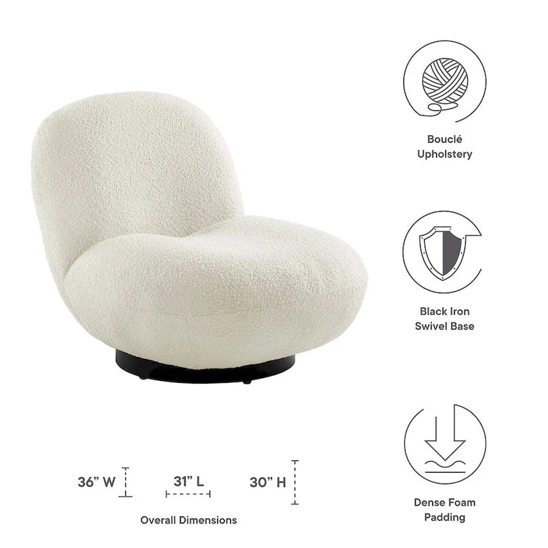 Ivory Boucle Upholstered Swivel Accent Chair with Matte Black Iron Base
