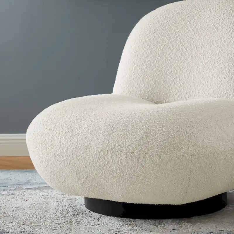 Ivory Boucle Upholstered Swivel Accent Chair with Matte Black Iron Base