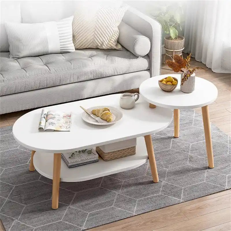 Nesting Oval Coffee Table with Lower Shelf Wood Legs Round Side Table