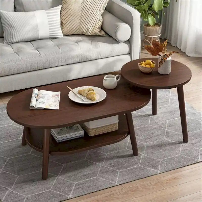 Nesting Oval Coffee Table with Lower Shelf Wood Legs Round Side Table