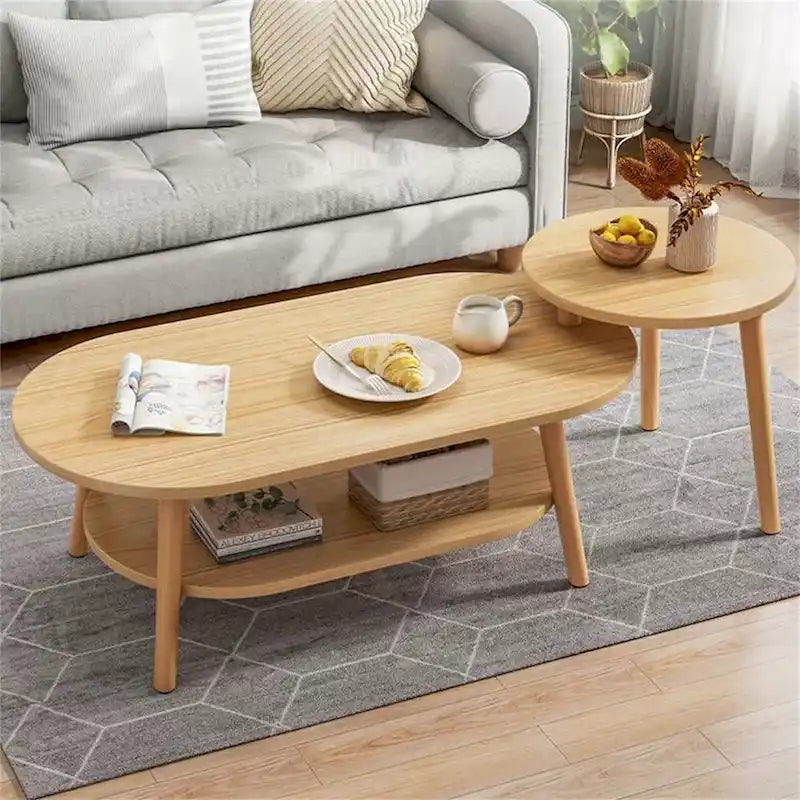 Nesting Oval Coffee Table with Lower Shelf Wood Legs Round Side Table