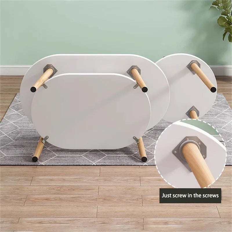 Nesting Oval Coffee Table with Lower Shelf Wood Legs Round Side Table