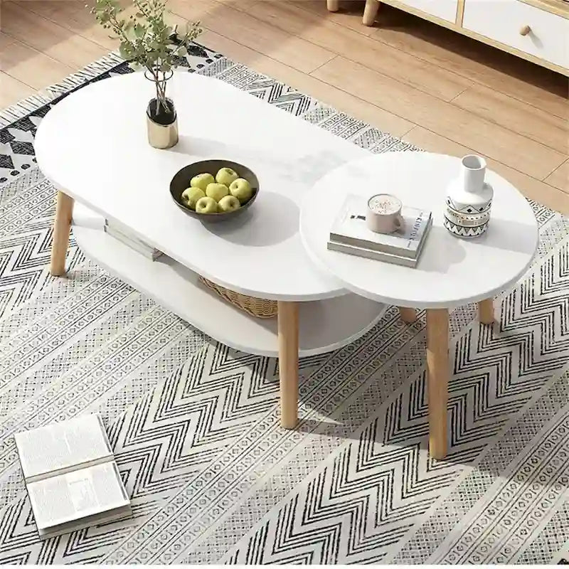Nesting Oval Coffee Table with Lower Shelf Wood Legs Round Side Table