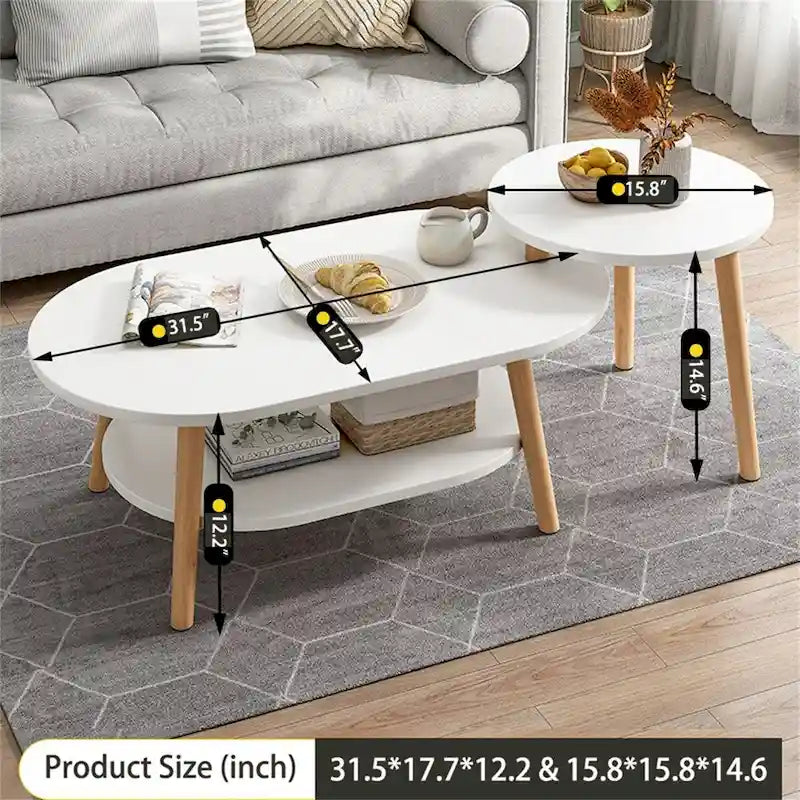 Nesting Oval Coffee Table with Lower Shelf Wood Legs Round Side Table