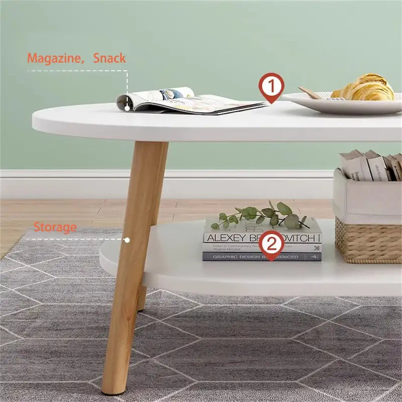 Nesting Oval Coffee Table with Lower Shelf Wood Legs Round Side Table