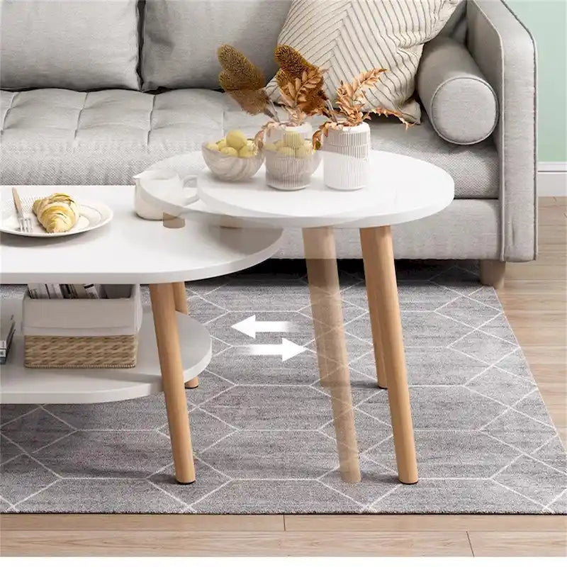 Nesting Oval Coffee Table with Lower Shelf Wood Legs Round Side Table