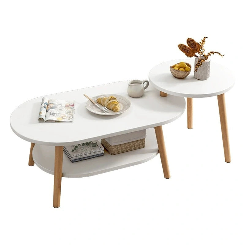Nesting Oval Coffee Table with Lower Shelf Wood Legs Round Side Table