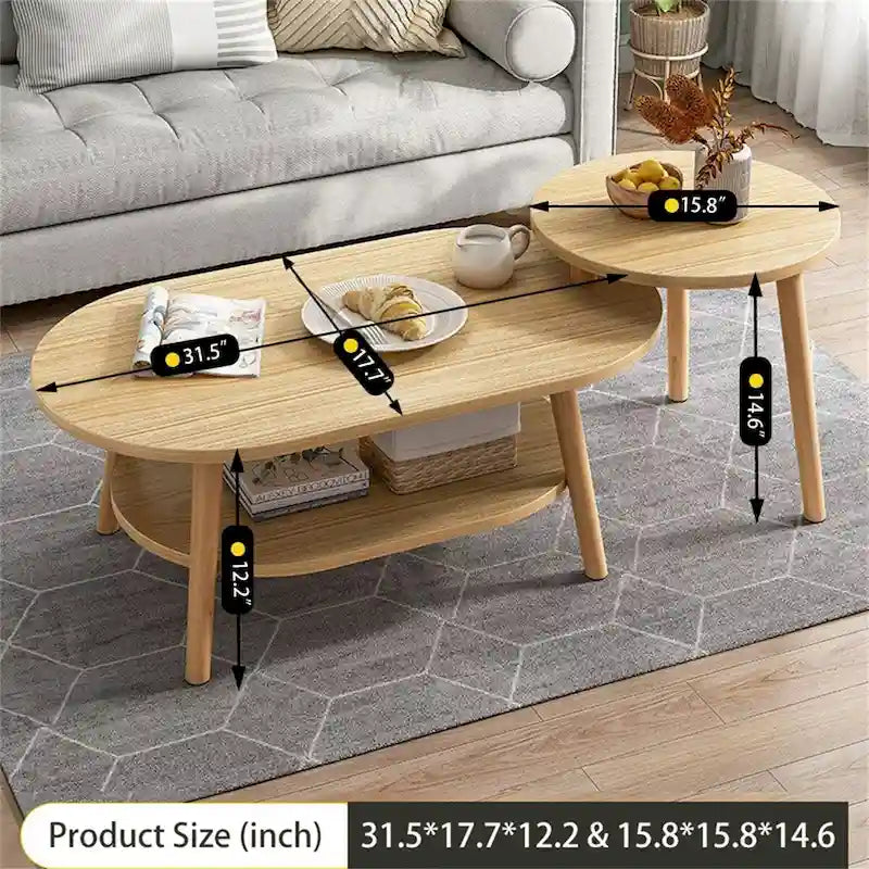 Nesting Oval Coffee Table with Lower Shelf Wood Legs Round Side Table