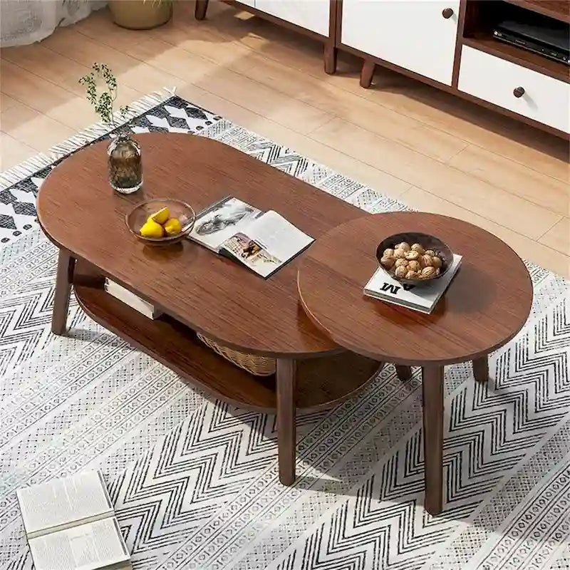 Nesting Oval Coffee Table with Lower Shelf Wood Legs Round Side Table