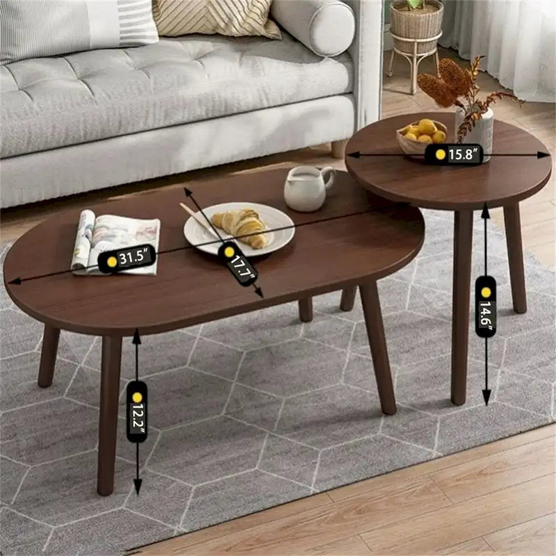 Nesting Oval Coffee Table with Lower Shelf Wood Legs Round Side Table