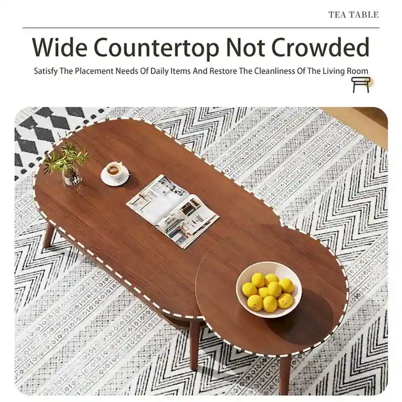 Nesting Oval Coffee Table with Lower Shelf Wood Legs Round Side Table