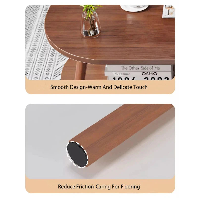 Nesting Oval Coffee Table with Lower Shelf Wood Legs Round Side Table