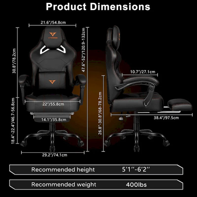 Black Ergonomic Gaming Chair with Footrest, Lumbar Support, and Adjustable Headrest