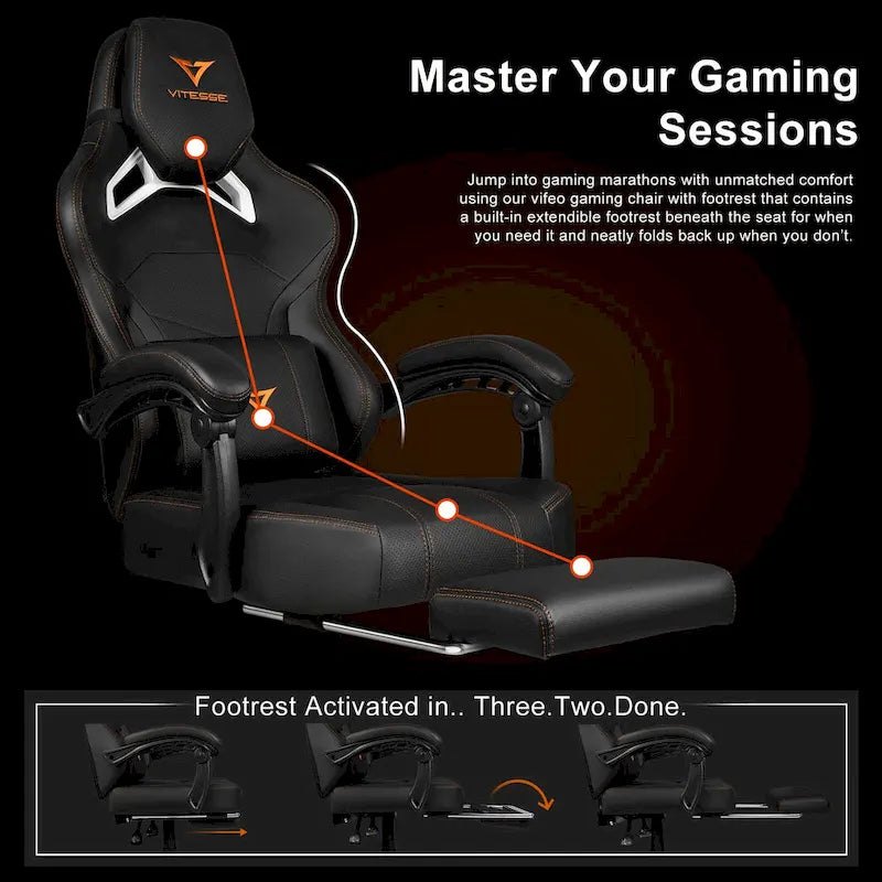 Black Ergonomic Gaming Chair with Footrest, Lumbar Support, and Adjustable Headrest