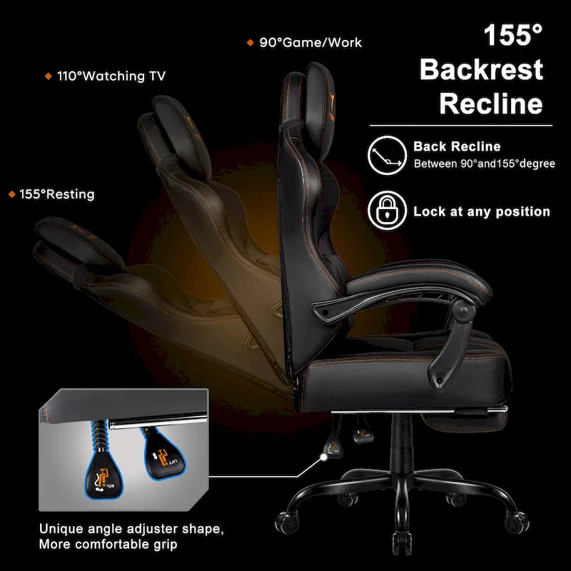 Black Ergonomic Gaming Chair with Footrest, Lumbar Support, and Adjustable Headrest