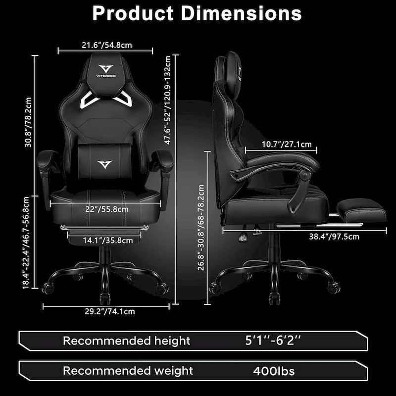 Black Ergonomic Gaming Chair with Footrest, Lumbar Support, and Adjustable Headrest