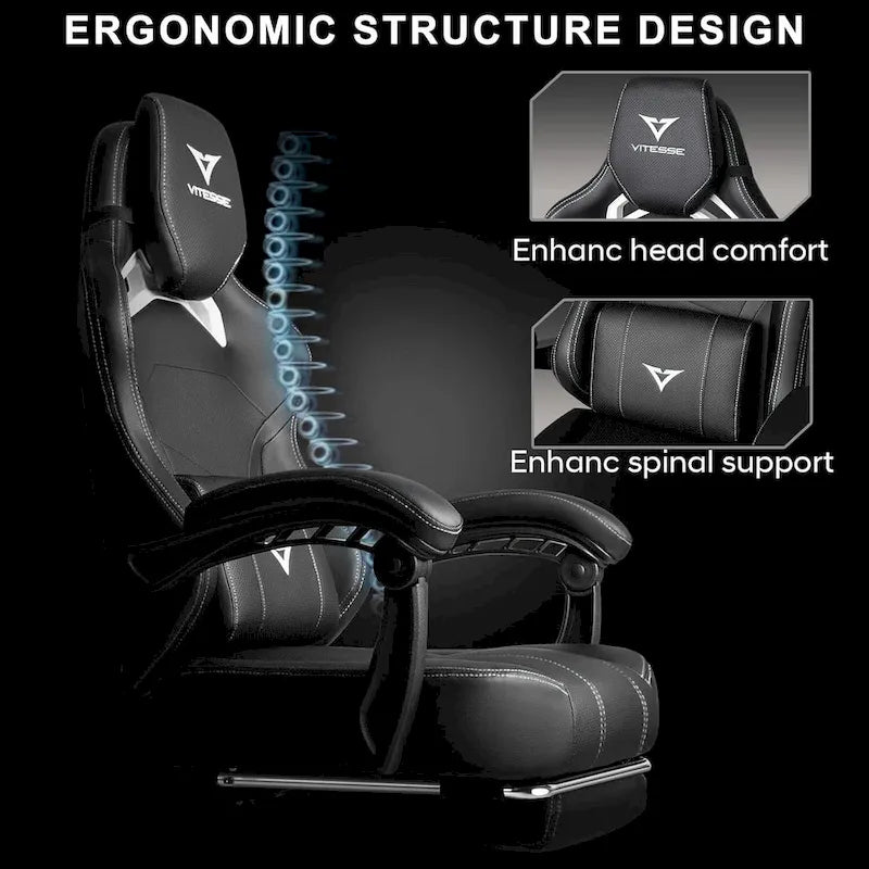 Black Ergonomic Gaming Chair with Footrest, Lumbar Support, and Adjustable Headrest