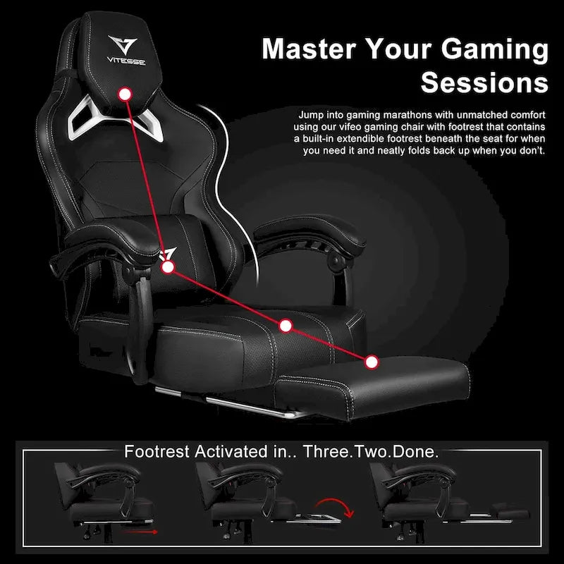 Black Ergonomic Gaming Chair with Footrest, Lumbar Support, and Adjustable Headrest