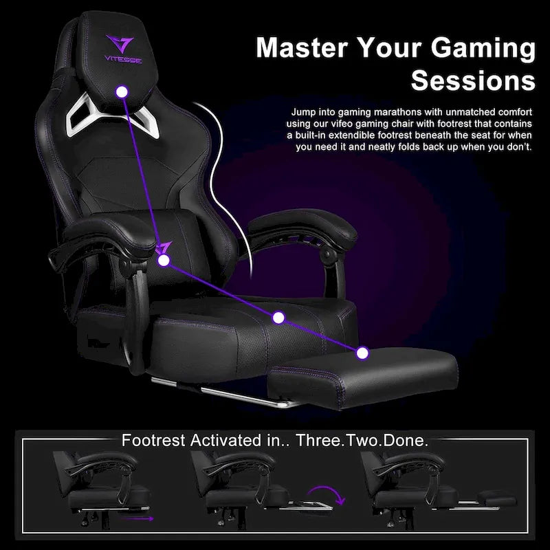 Black Ergonomic Gaming Chair with Footrest, Lumbar Support, and Adjustable Headrest