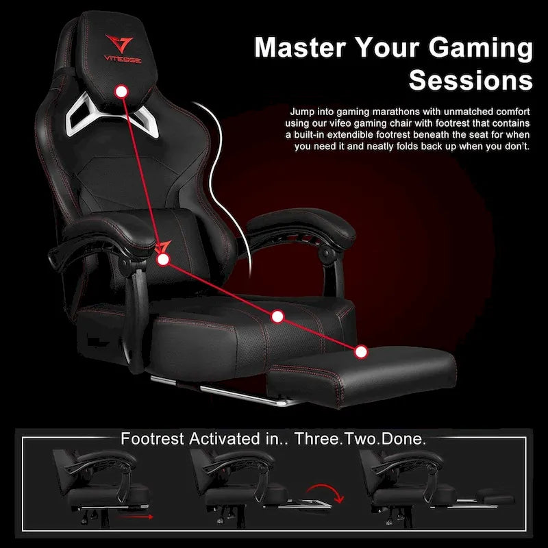 Black Ergonomic Gaming Chair with Footrest, Lumbar Support, and Adjustable Headrest