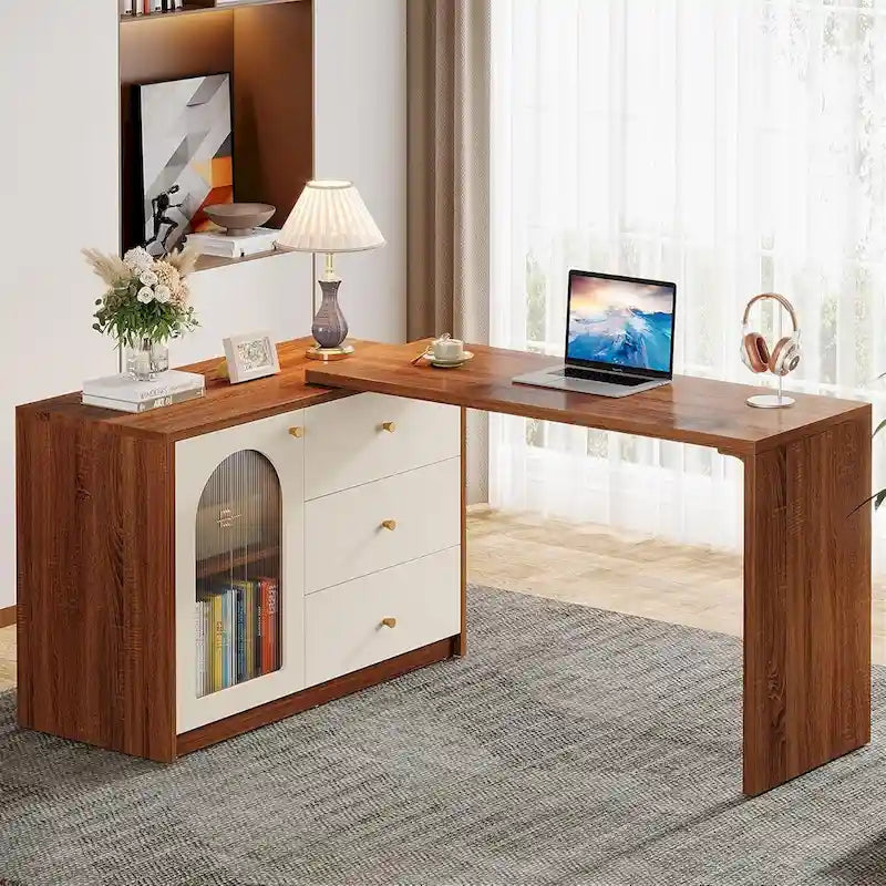 Reversible L-Shaped Computer Desk with Drawers and Storage Cabinet