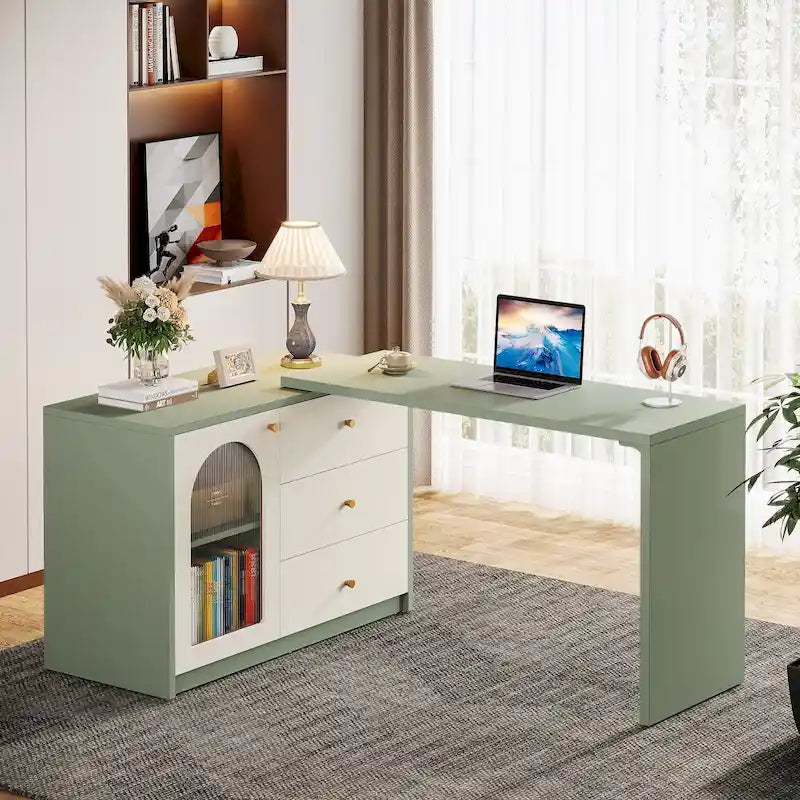 Reversible L-Shaped Computer Desk with Drawers and Storage Cabinet