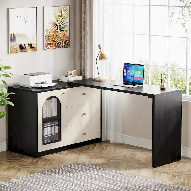 Reversible L-Shaped Computer Desk with Drawers and Storage Cabinet