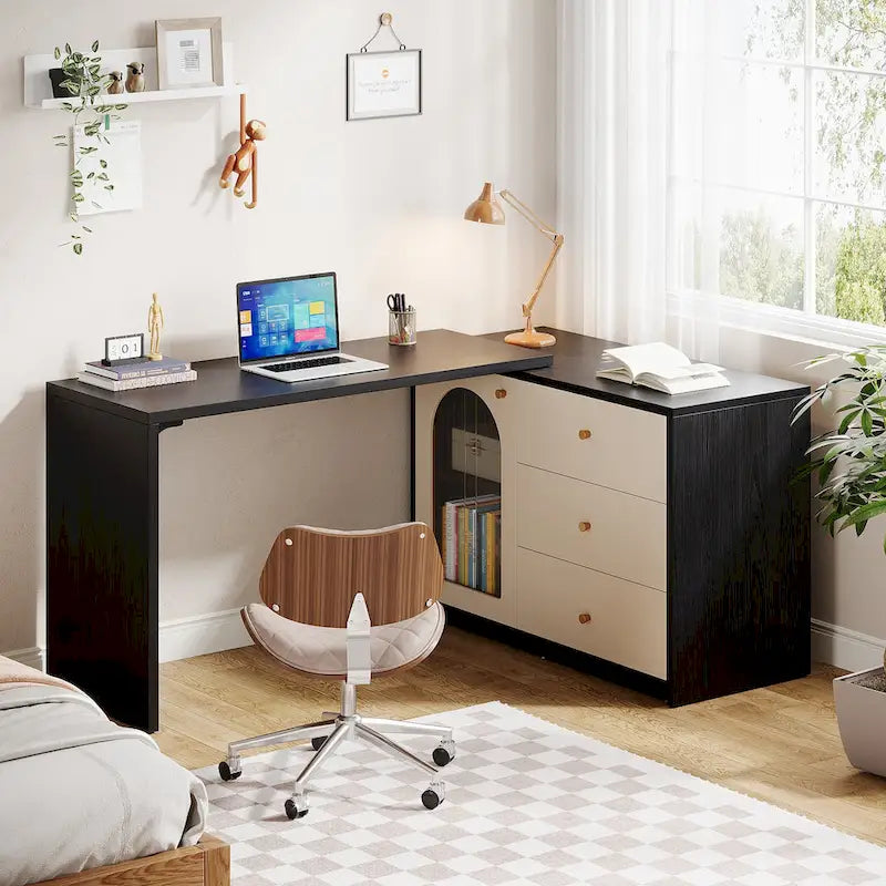 Reversible L-Shaped Computer Desk with Drawers and Storage Cabinet