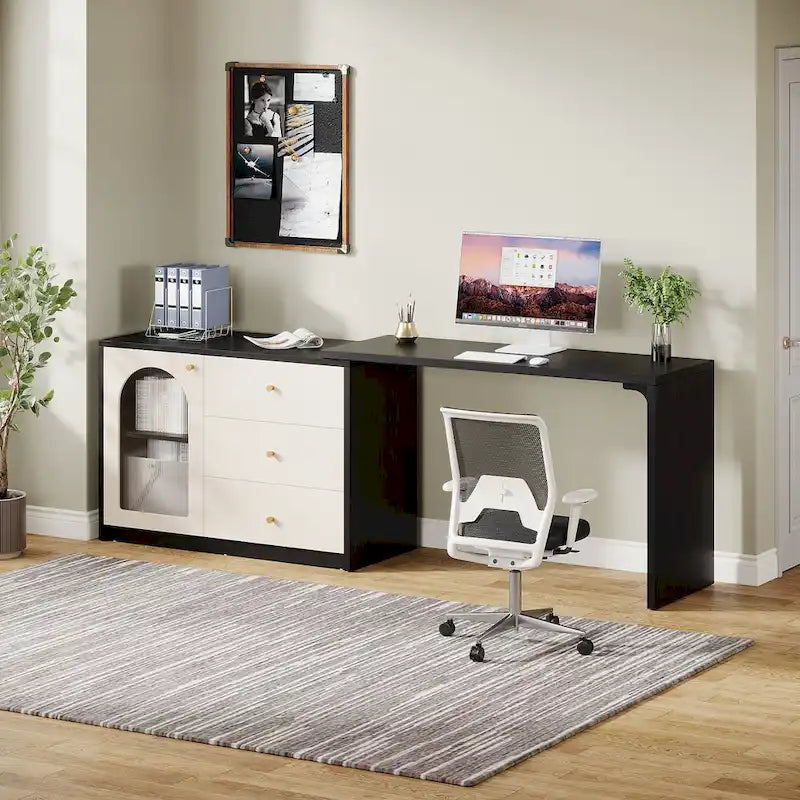 Reversible L-Shaped Computer Desk with Drawers and Storage Cabinet