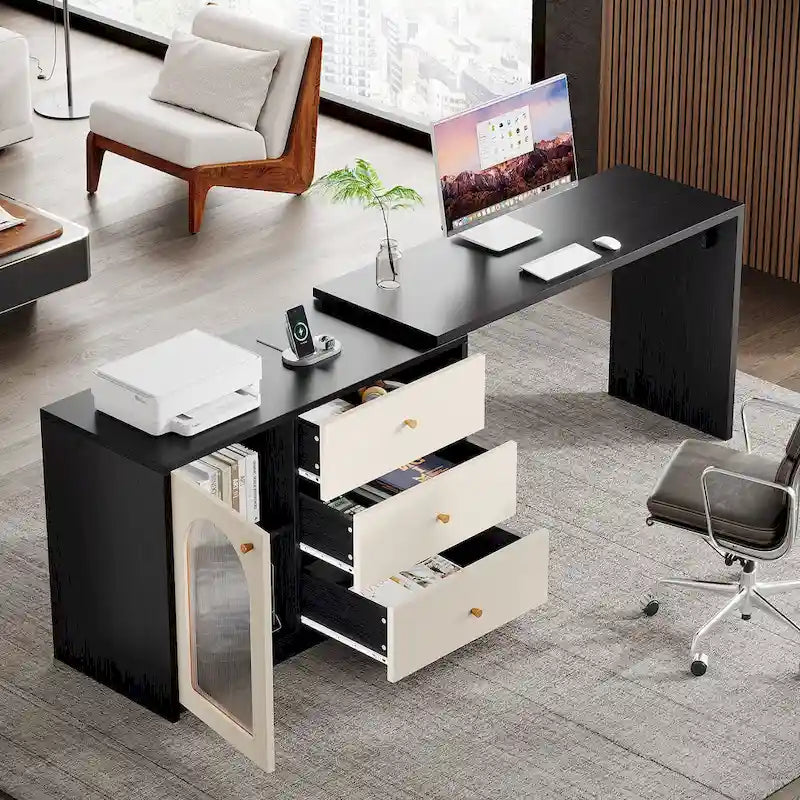 Reversible L-Shaped Computer Desk with Drawers and Storage Cabinet