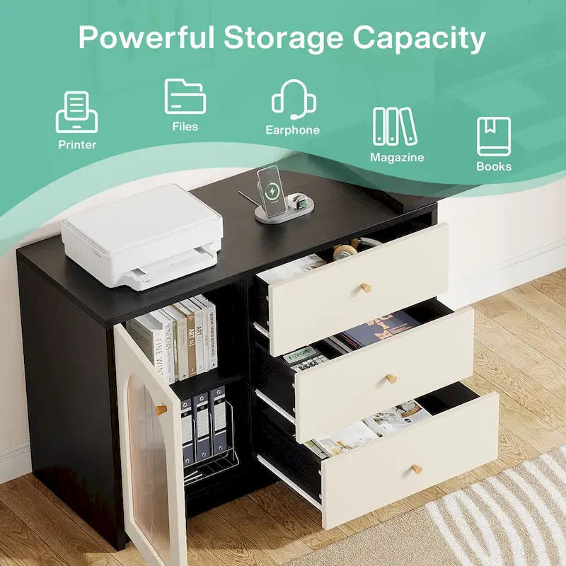 Reversible L-Shaped Computer Desk with Drawers and Storage Cabinet